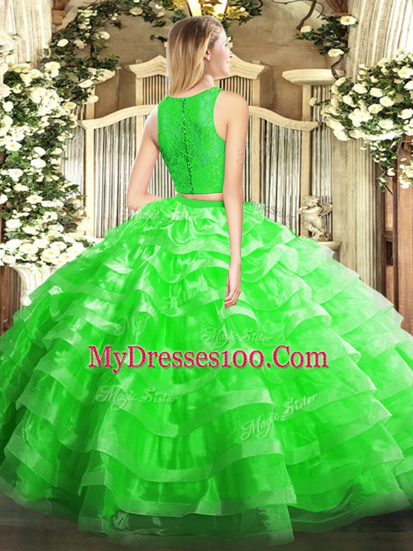 Scoop Sleeveless Zipper Quinceanera Gown Yellow Green Organza