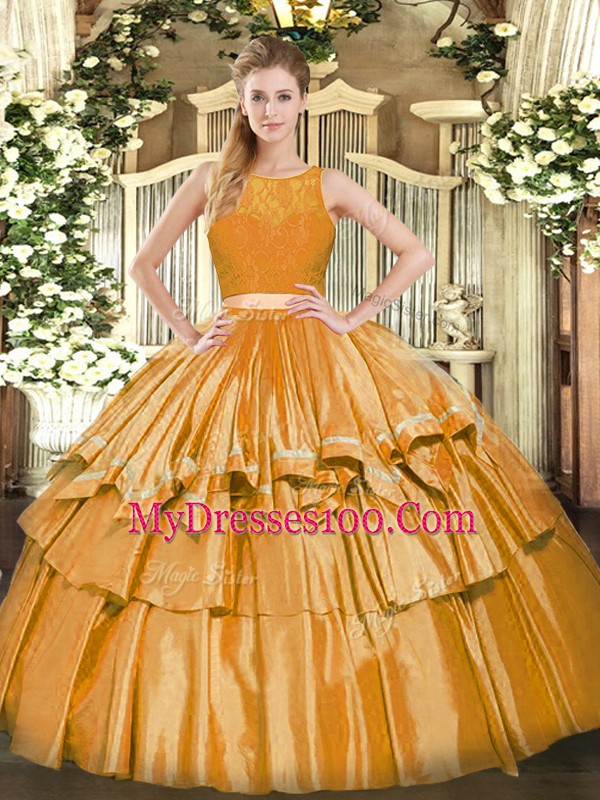 Hot Selling Gold Sweet 16 Dress Military Ball and Sweet 16 and Quinceanera with Ruffled Layers Scoop Sleeveless Zipper