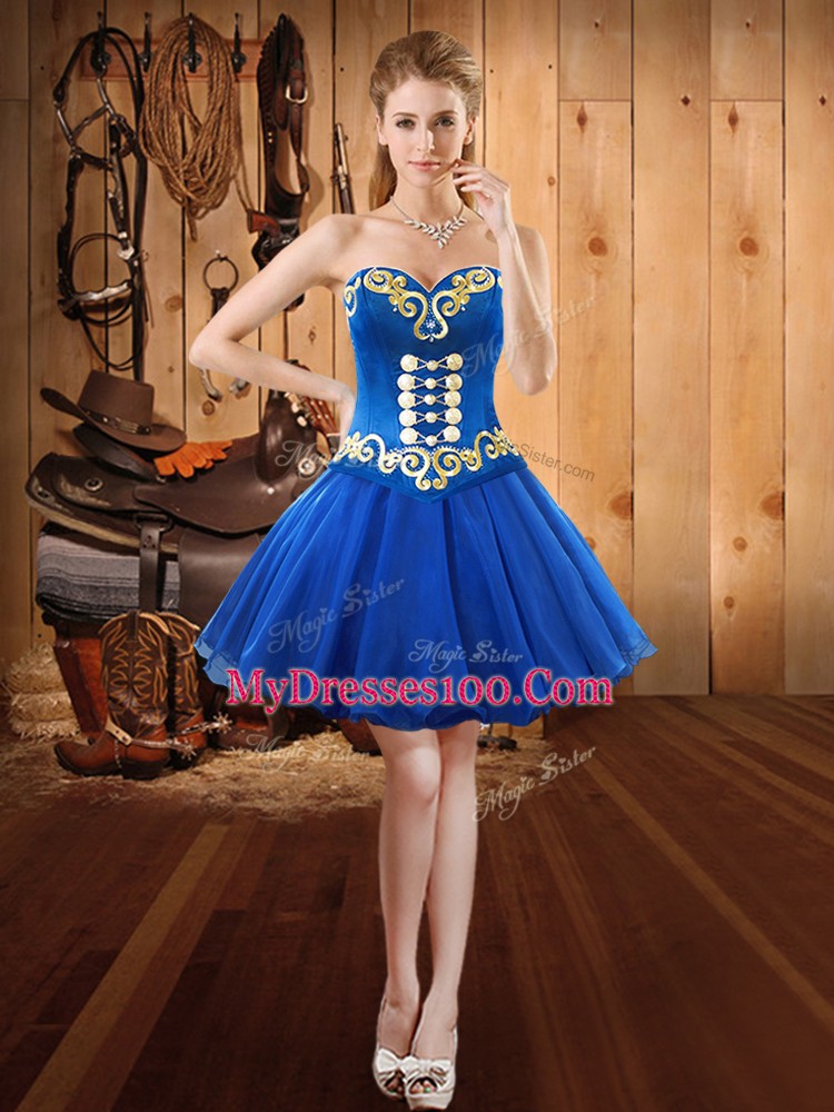 Royal Blue A-line Sweetheart Sleeveless Organza Mini Length Lace Up Embroidery Evening Dress