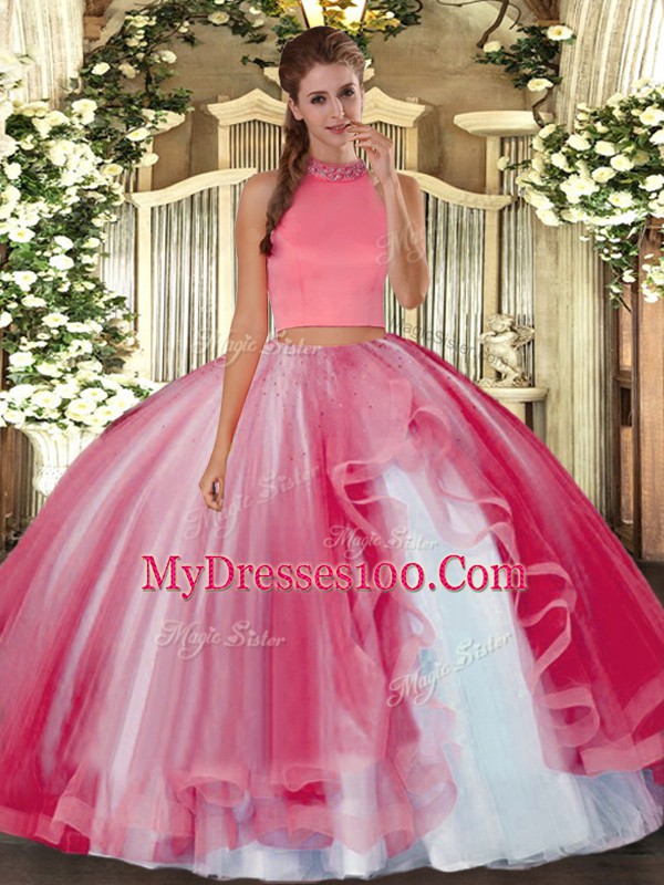 Perfect Floor Length Coral Red 15 Quinceanera Dress Halter Top Sleeveless Backless