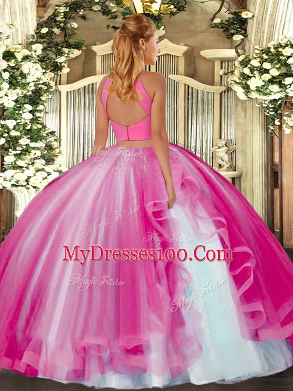 Perfect Floor Length Coral Red 15 Quinceanera Dress Halter Top Sleeveless Backless