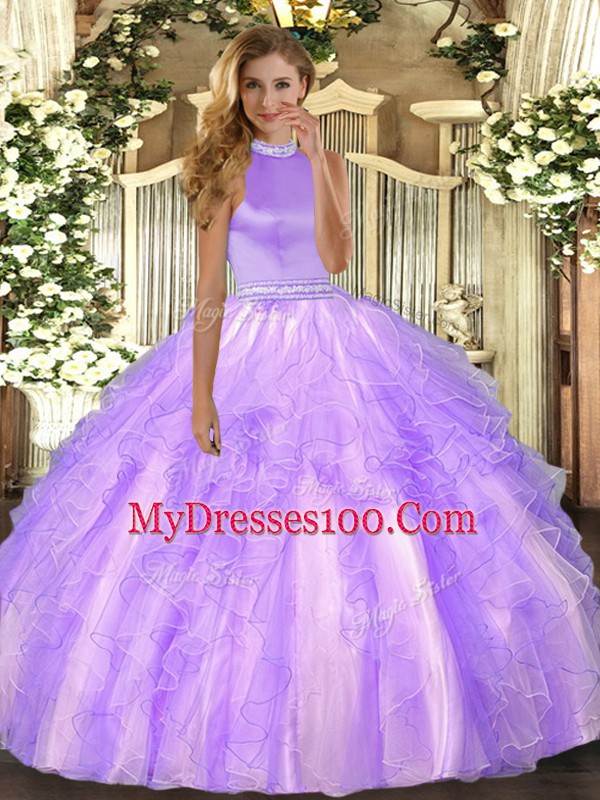 Eye-catching Halter Top Sleeveless Organza Quinceanera Dress Beading and Ruffles Backless
