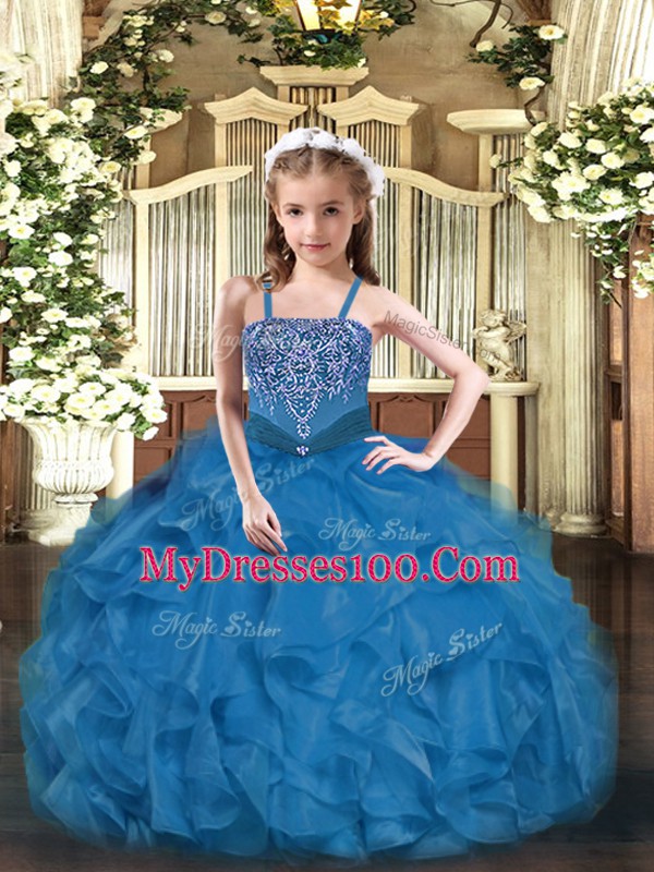 Blue Sleeveless Beading and Ruffles Floor Length Little Girls Pageant Dress Wholesale