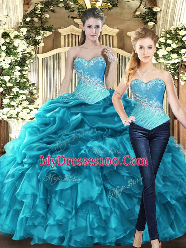 Beading and Ruffles Quinceanera Dresses Teal Lace Up Sleeveless Floor Length