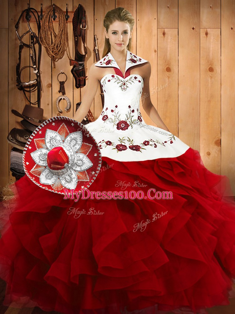 Shining Wine Red Ball Gown Prom Dress Military Ball and Sweet 16 and Quinceanera with Embroidery and Ruffles Halter Top Sleeveless Lace Up