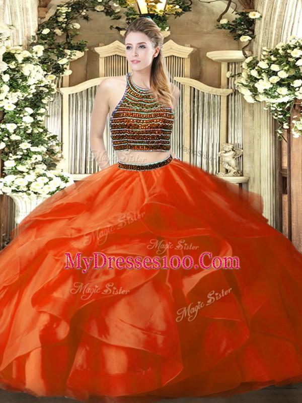 Top Selling Beading and Ruffles 15 Quinceanera Dress Orange Red Zipper Sleeveless Floor Length
