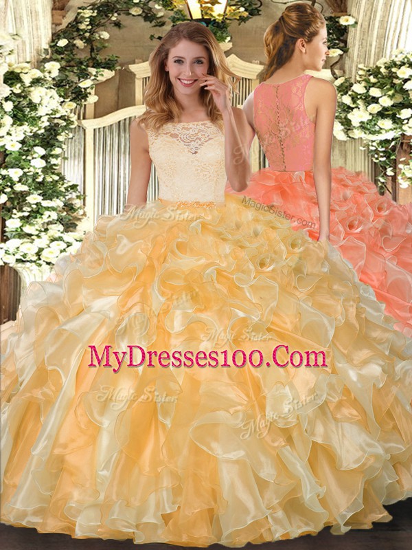 Gold Scoop Clasp Handle Lace and Ruffles Sweet 16 Dress Sleeveless