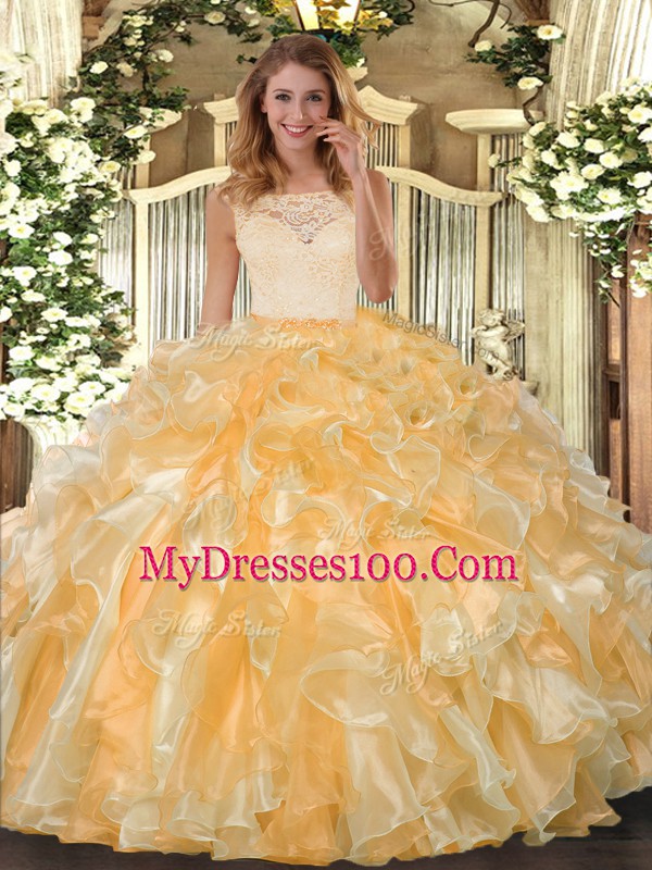 Gold Scoop Clasp Handle Lace and Ruffles Sweet 16 Dress Sleeveless