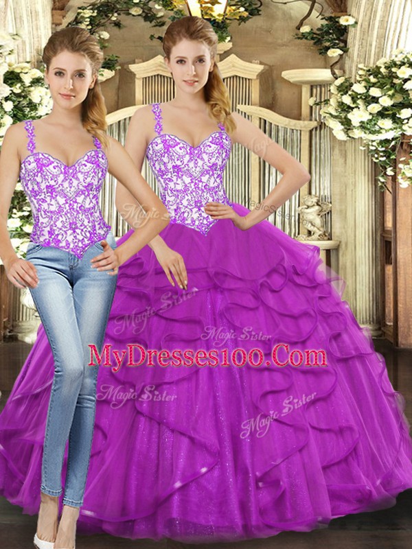 Floor Length Lace Up Quinceanera Dress Fuchsia for Military Ball and Sweet 16 and Quinceanera with Beading and Ruffles