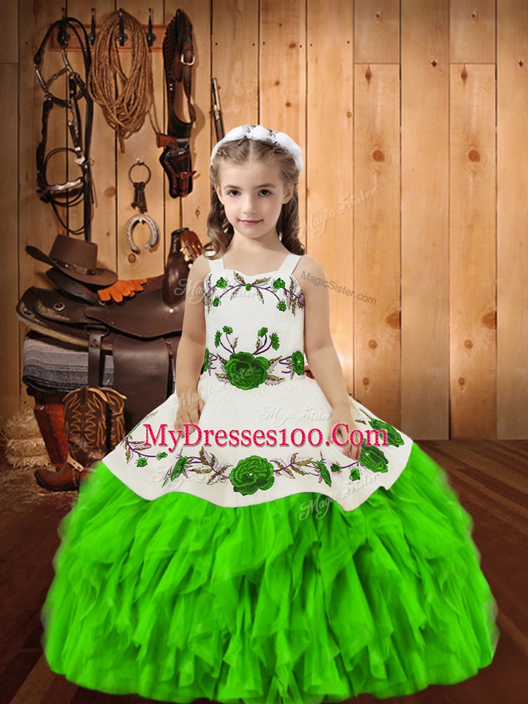 Straps Sleeveless Organza Little Girls Pageant Dress Wholesale Embroidery and Ruffles Lace Up