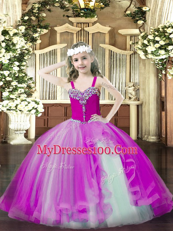 Custom Designed Fuchsia Sleeveless Tulle Lace Up Little Girls Pageant Dress for Party and Quinceanera