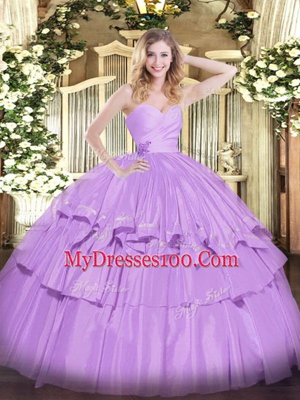 Decent Lavender Lace Up 15 Quinceanera Dress Beading and Ruffled Layers Sleeveless Floor Length