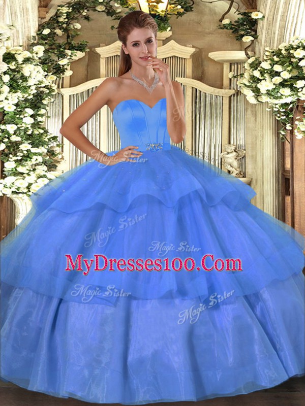 Glittering Floor Length Lace Up Sweet 16 Dress Baby Blue for Military Ball and Sweet 16 and Quinceanera with Beading and Ruffled Layers