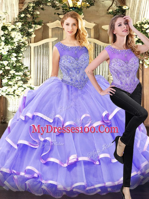 Flare Two Pieces Ball Gown Prom Dress Lavender Scoop Organza Sleeveless Floor Length Lace Up