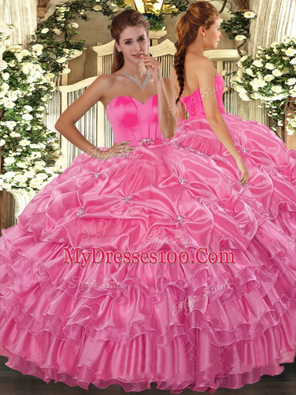Stylish Rose Pink Sleeveless Floor Length Beading and Ruffled Layers Lace Up Sweet 16 Dress