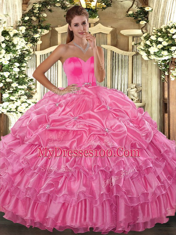 Stylish Rose Pink Sleeveless Floor Length Beading and Ruffled Layers Lace Up Sweet 16 Dress