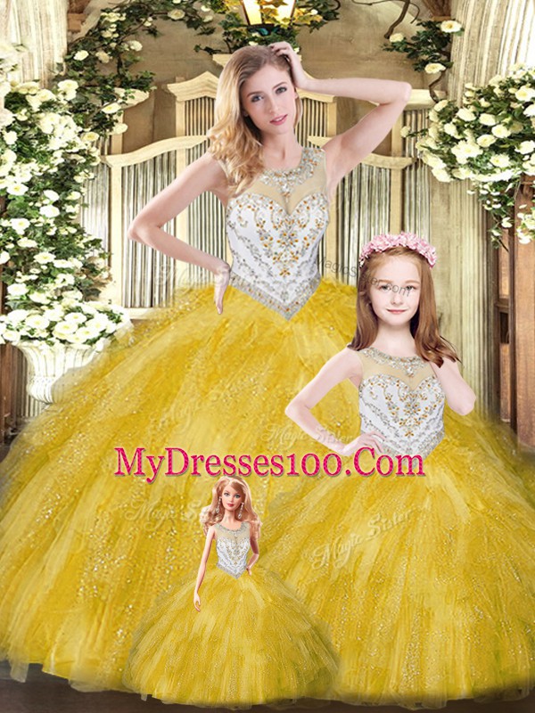 High Quality Floor Length Gold 15 Quinceanera Dress Scoop Sleeveless Lace Up
