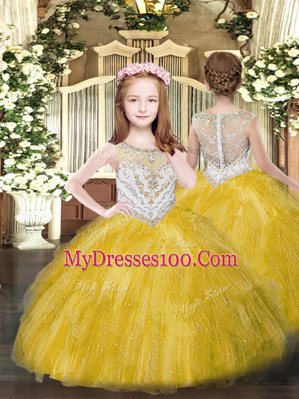 High Quality Floor Length Gold 15 Quinceanera Dress Scoop Sleeveless Lace Up