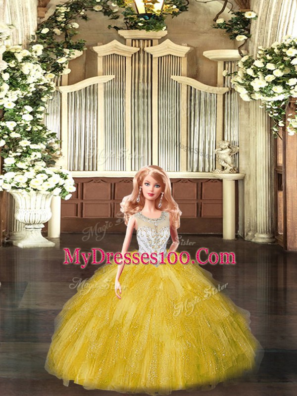 High Quality Floor Length Gold 15 Quinceanera Dress Scoop Sleeveless Lace Up