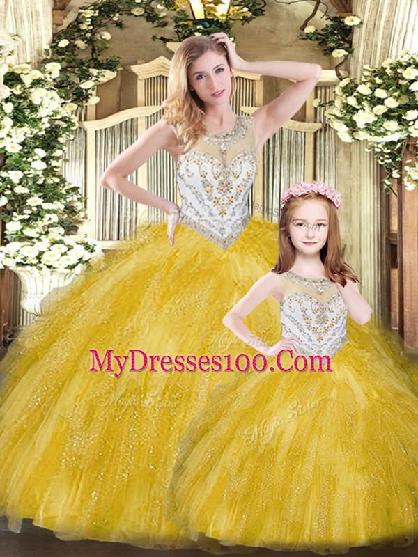 High Quality Floor Length Gold 15 Quinceanera Dress Scoop Sleeveless Lace Up