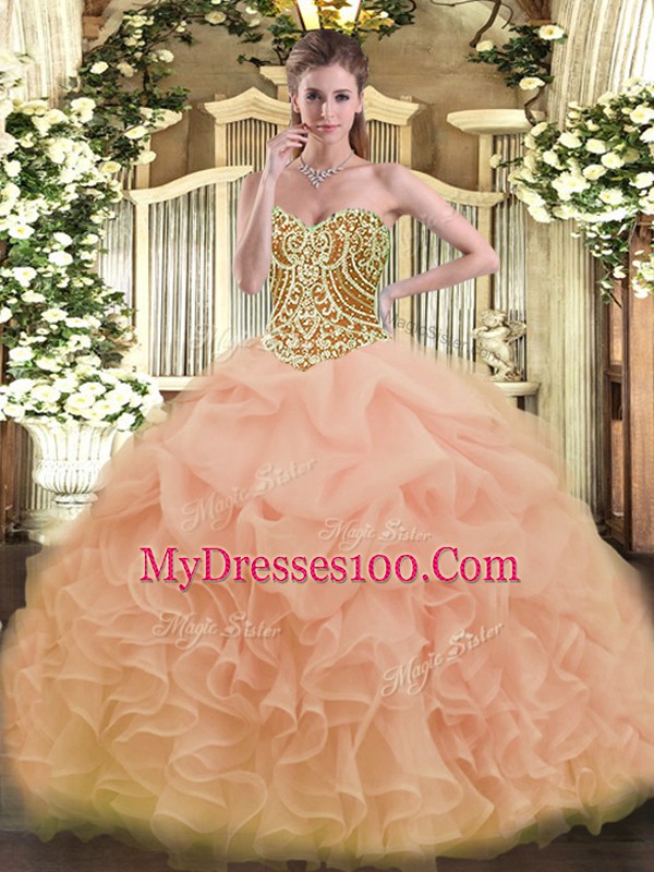 Floor Length Lace Up 15 Quinceanera Dress Peach for Military Ball and Sweet 16 and Quinceanera with Beading and Ruffles