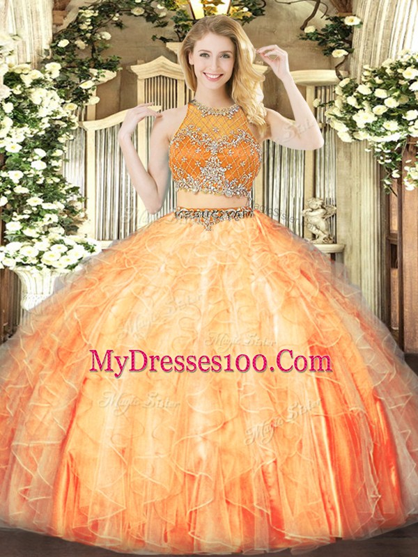 New Style Orange Red Sleeveless Organza Zipper Vestidos de Quinceanera for Military Ball and Quinceanera
