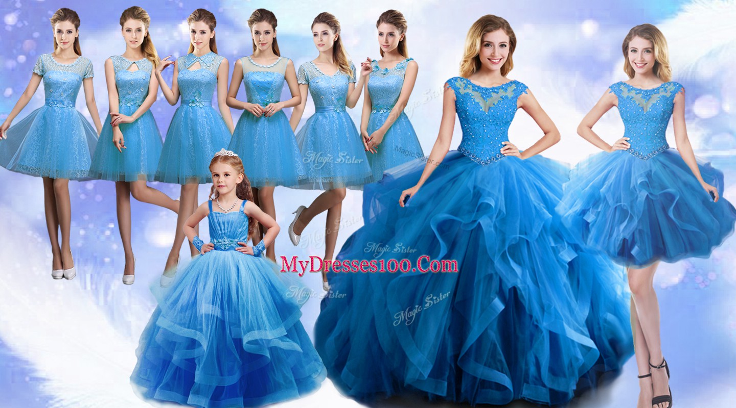 Baby Blue Organza Lace Up Scoop Sleeveless Floor Length 15th Birthday Dress Beading and Ruffles