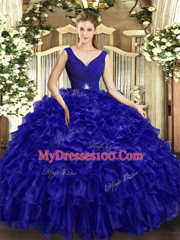 Fabulous Sleeveless Floor Length Beading and Ruffles Backless Quinceanera Gown with Royal Blue