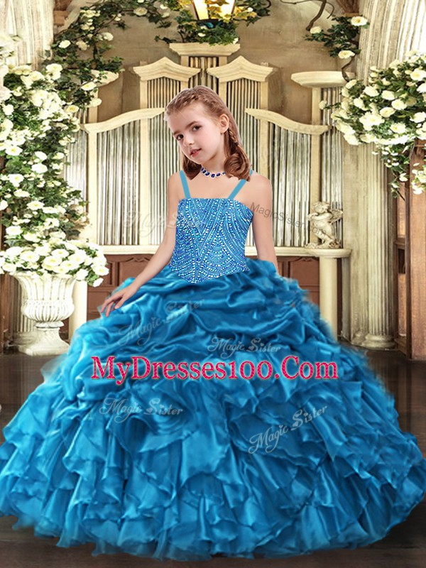 Floor Length Ball Gowns Sleeveless Blue Little Girls Pageant Dress Lace Up
