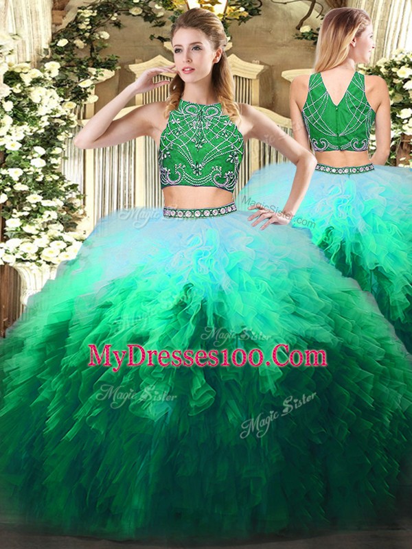 Spectacular Multi-color Tulle Zipper Quinceanera Gowns Sleeveless Floor Length Beading and Ruffles