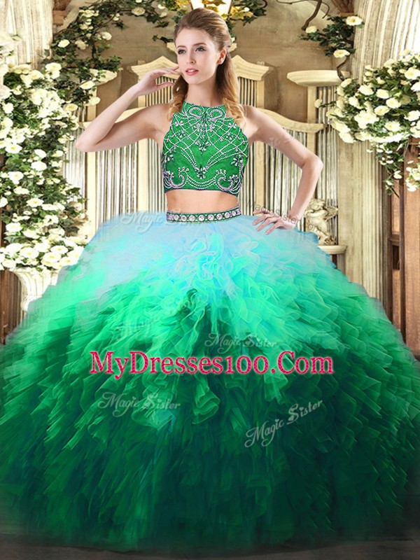 Spectacular Multi-color Tulle Zipper Quinceanera Gowns Sleeveless Floor Length Beading and Ruffles