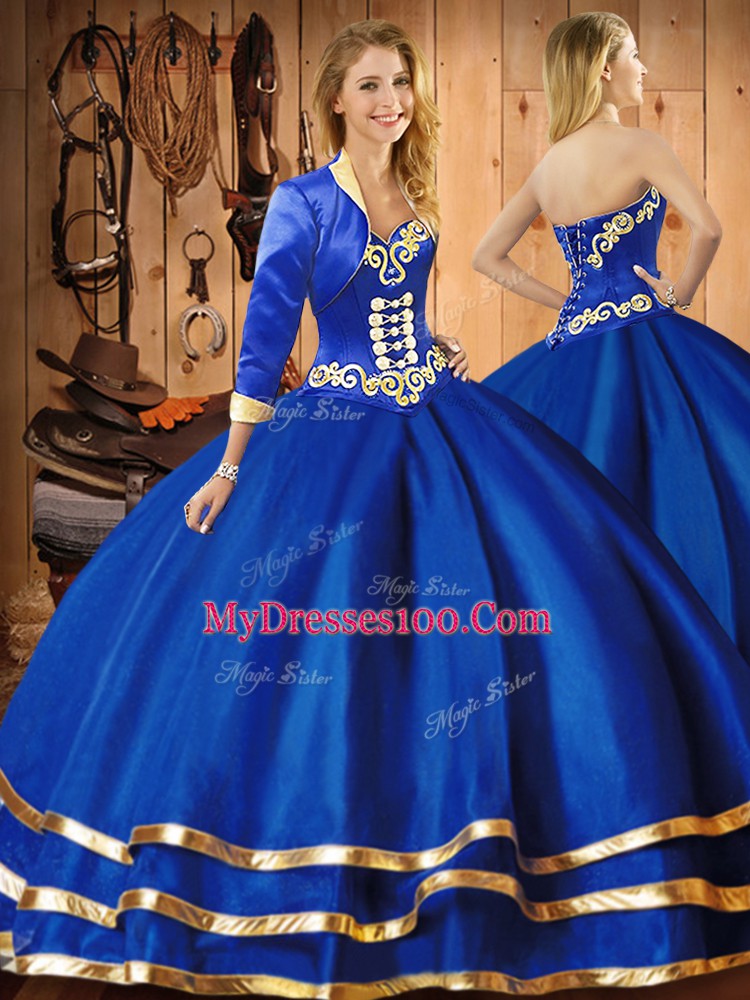 Affordable Blue Sleeveless Floor Length Embroidery Lace Up Quinceanera Dress