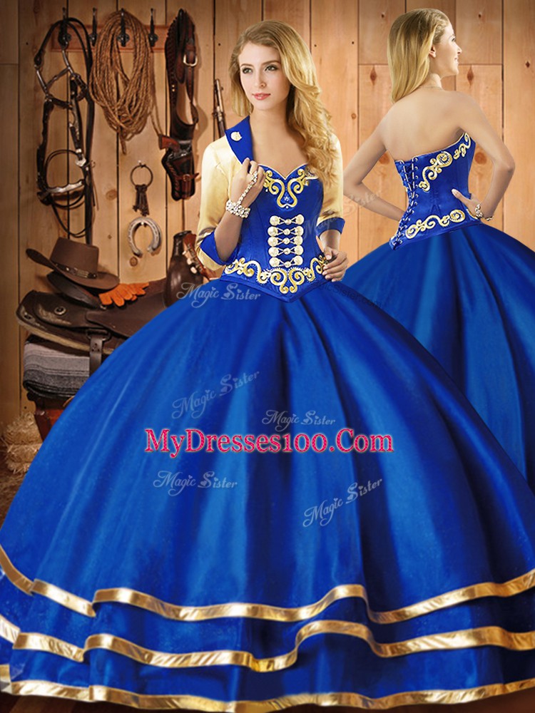 Affordable Blue Sleeveless Floor Length Embroidery Lace Up Quinceanera Dress