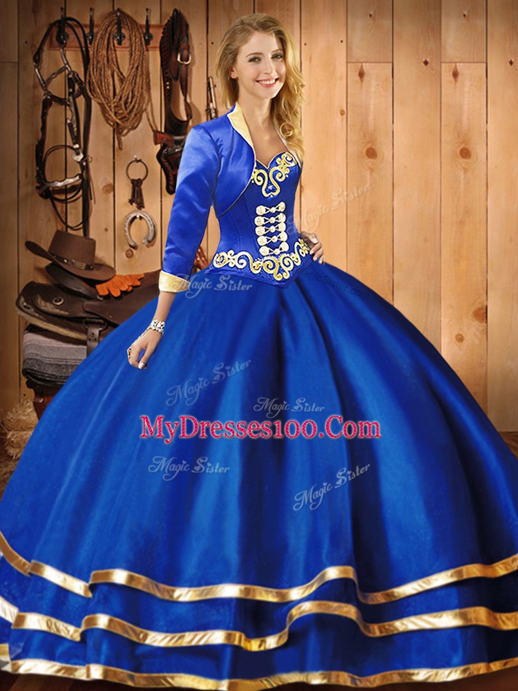 Affordable Blue Sleeveless Floor Length Embroidery Lace Up Quinceanera Dress