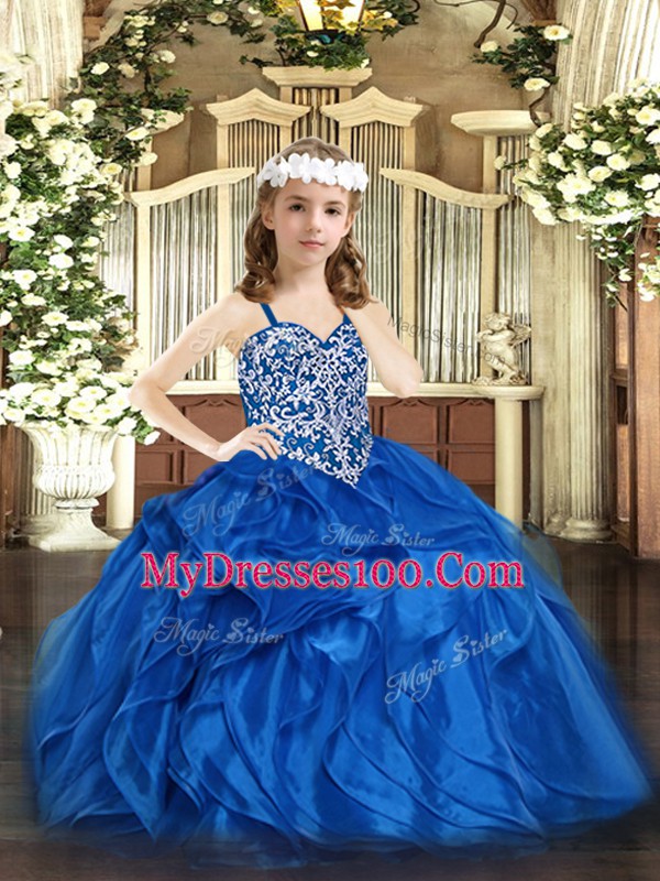 Floor Length Lace Up Little Girls Pageant Dress Wholesale Blue for Party and Quinceanera with Beading and Ruffles