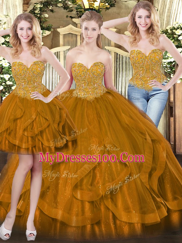 Designer Floor Length Brown Quinceanera Gown Tulle Sleeveless Beading and Ruffles