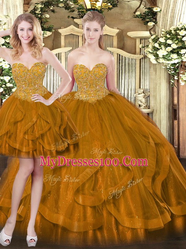 Designer Floor Length Brown Quinceanera Gown Tulle Sleeveless Beading and Ruffles