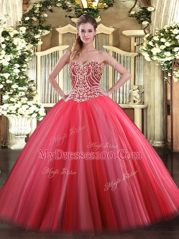 Glamorous Coral Red Sleeveless Tulle Lace Up 15 Quinceanera Dress for Military Ball and Sweet 16 and Quinceanera