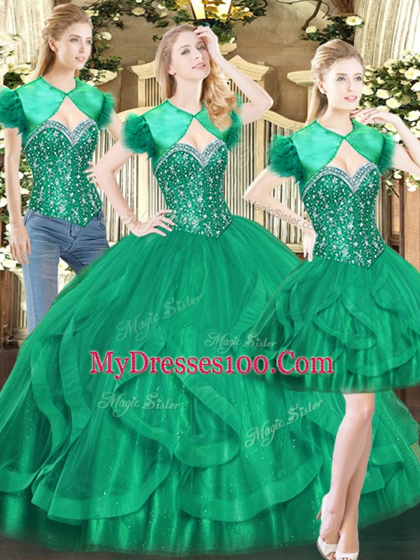 Dark Green Tulle Lace Up 15 Quinceanera Dress Sleeveless Floor Length Beading and Ruffles