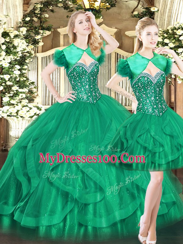 Dark Green Tulle Lace Up 15 Quinceanera Dress Sleeveless Floor Length Beading and Ruffles