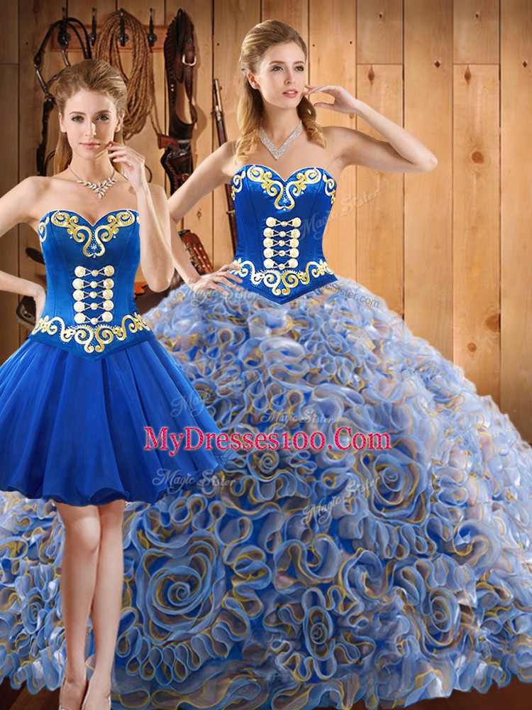 Multi-color Lace Up Sweetheart Embroidery 15th Birthday Dress Satin and Fabric With Rolling Flowers Sleeveless Sweep Train