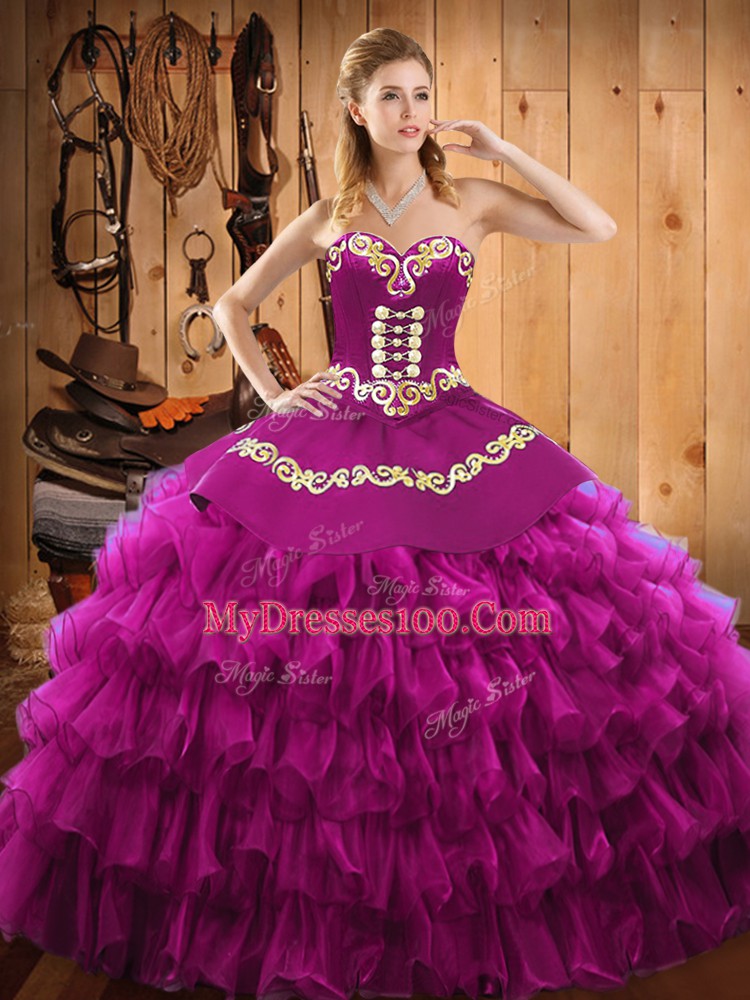 Custom Made Floor Length Lace Up Vestidos de Quinceanera Fuchsia for Military Ball and Sweet 16 and Quinceanera with Embroidery and Ruffled Layers