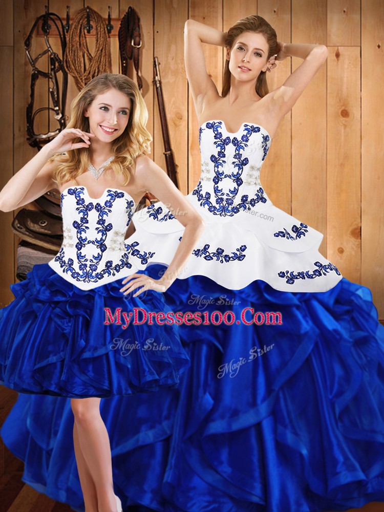 Latest Strapless Sleeveless Lace Up Vestidos de Quinceanera Blue Satin and Organza