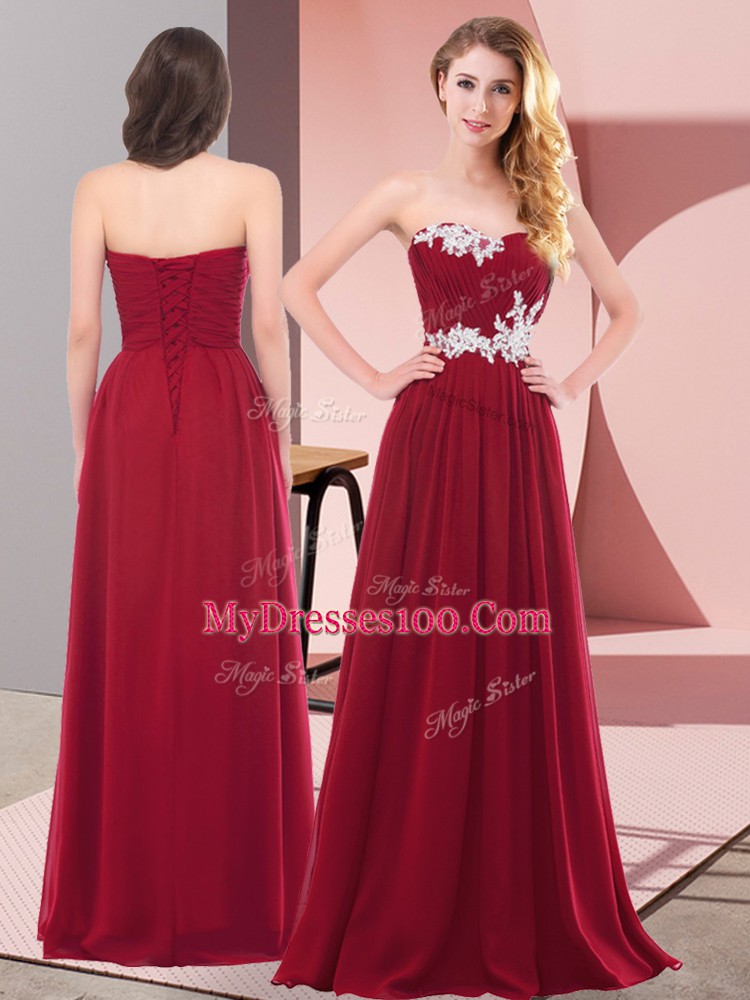 Wine Red Empire Chiffon Sweetheart Sleeveless Appliques Floor Length Lace Up Evening Wear