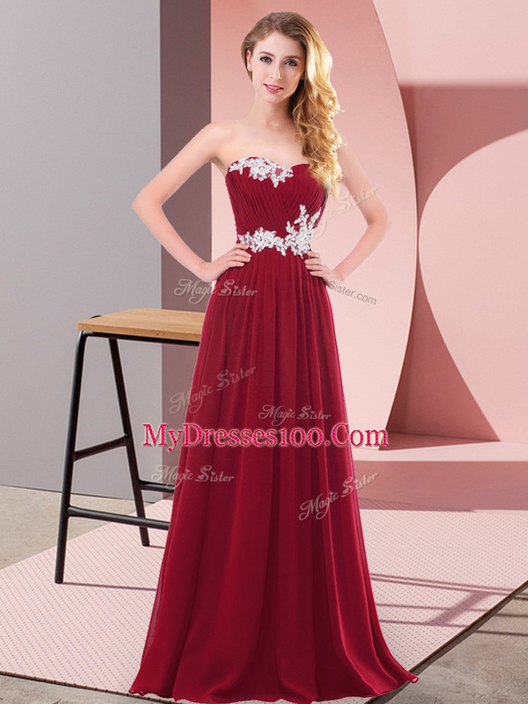 Wine Red Empire Chiffon Sweetheart Sleeveless Appliques Floor Length Lace Up Evening Wear