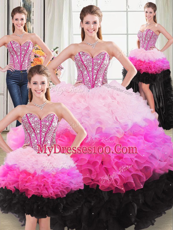 Sleeveless Organza Floor Length Lace Up Vestidos de Quinceanera in Multi-color with Beading and Ruffles