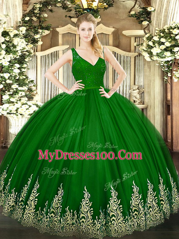 Green Tulle Backless V-neck Sleeveless Floor Length Vestidos de Quinceanera Beading and Lace and Appliques