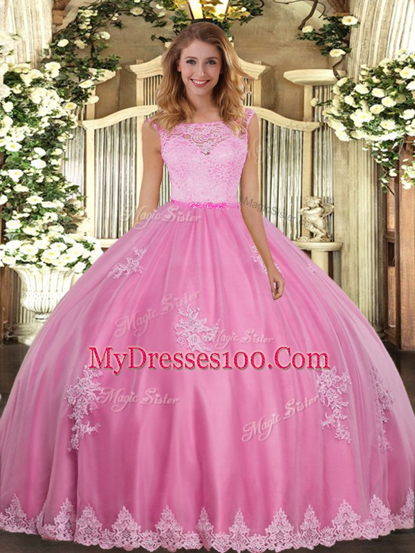 Rose Pink Tulle Clasp Handle Scoop Sleeveless Floor Length Sweet 16 Dress Lace and Appliques