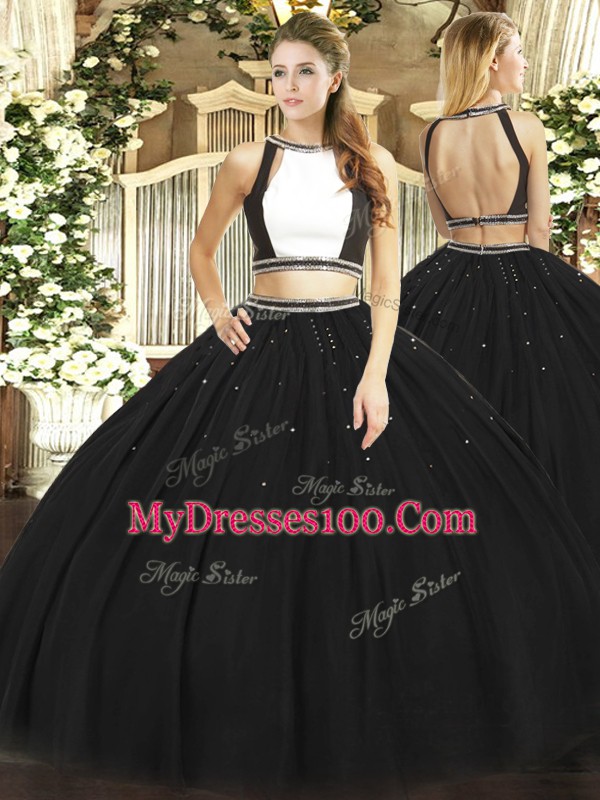 Graceful Floor Length Black 15 Quinceanera Dress Tulle Sleeveless Ruching
