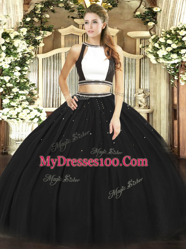 Graceful Floor Length Black 15 Quinceanera Dress Tulle Sleeveless Ruching